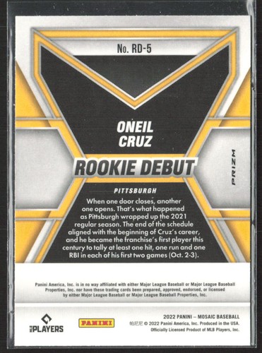 2022 Panini Mosaic #RD-5 Oneil Cruz Rookie Debut Green Mosaic - Picture 2 of 2