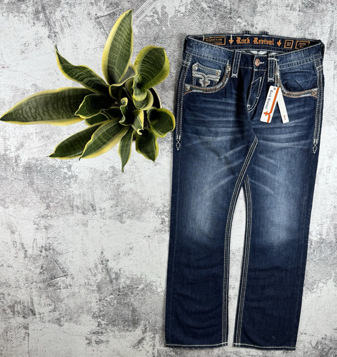 ROCK REVIVAL Andor Bootcut Straight 32/32 Hip Hop Rap Blue Pants Jeans Denim Y2K - Picture 2 of 24