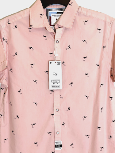 Kleines schwarzes Flamingos rosa kurzärmliges Herrenhemd, Denim & Blume neu mit Etikett - Bild 9 von 10