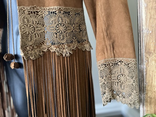 Scully Womens Romantic Western Boho Leather and Lace Fringe Jacket Brown S - Picture 7 of 14