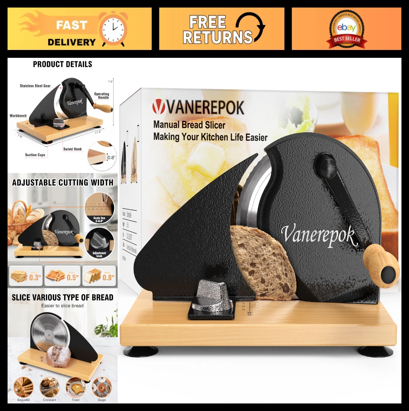 Manual Bread Slicer for Homemade Sourdough & Crusty Bread - Adjustable Stainless