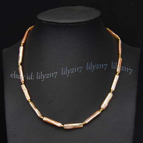 Natural Pink Freshwater Long Stick Rectangle Pearl Necklace Bracelet Earring Set - Picture 5 of 18