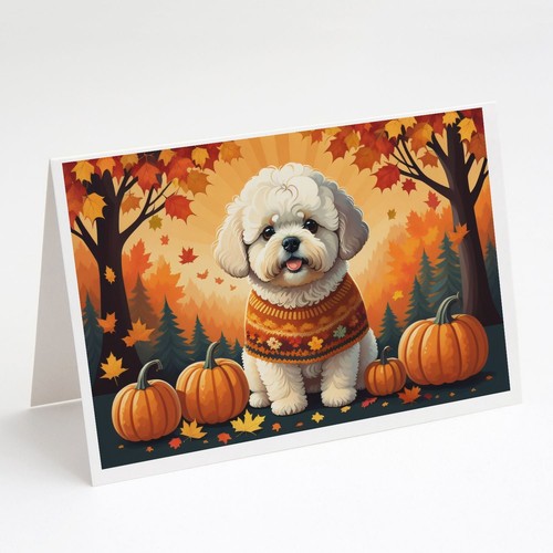 Bichon Frise Fall Greeting Cards Pack of 8 Blank Cards with Envelopes Whimsical