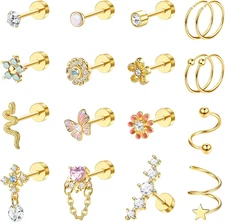 18PCS Cartilage Earring Stud for Women Surgical Steel Flat Back Earrings Couch H