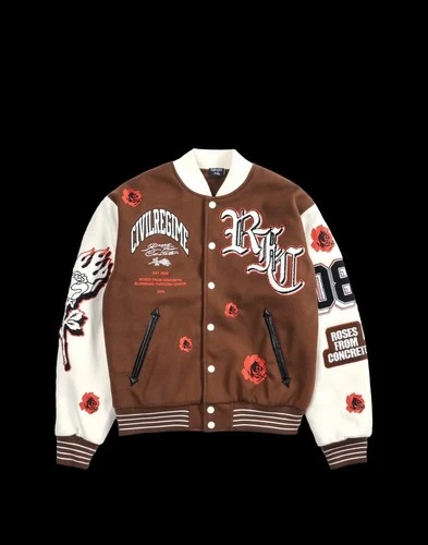 Civil Regime Rose Garden Letterman Jacket in Butter/Reaper Brown - product listing photo