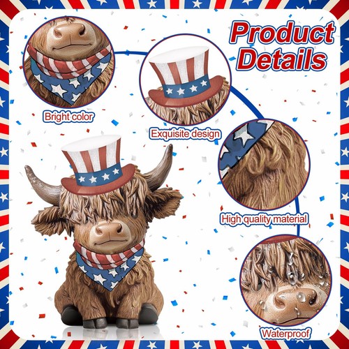 2 Pcs Highland Cow Figurines 4th of July Highland Cow Gnomes Patriotic Scotti... - Picture 4 of 6
