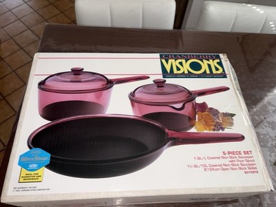 VTG 90s Corningware Cranberry Tinted Visions Cookware 5 Piece  New Open Box