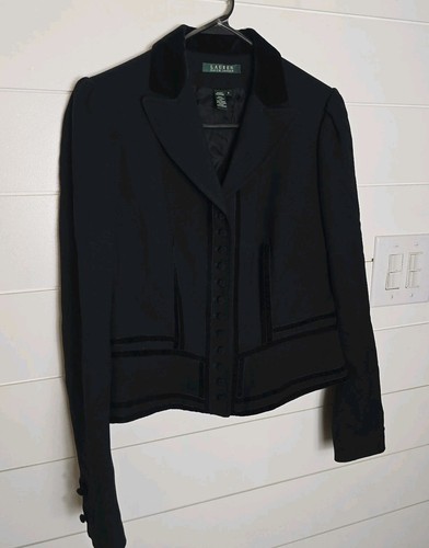 Vintage Ralph Lauren Wool Black Embroidered Velvet Trim Jacket Blazer Size 8 - Picture 2 of 10