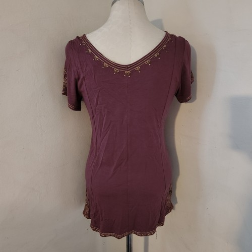 Weiche Umrandung Damen XS V-Ausschnitt Perlen verziert Kurzarm Tunika Oberteil - Bild 2 von 5