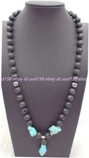 New Pretty Natural 8mm Black Lava Gemstone Turquoise Pendant Necklace 16-28in