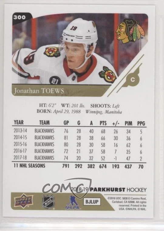 2018-19 Upper Deck Parkhurst Gold Jonathan Toews #300 - Image 2 of 2