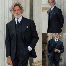 Black Men's 3Pcs Business Formal Peak Lapel Tuxedos Jacket Dinner Evening Coat