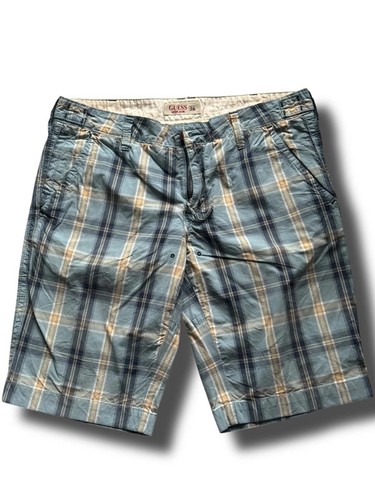 Men’s Guess Checked Cargo Shorts Yellow Blue Grey Size 30 Waist VGC