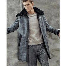 Men's Leather Fur Lined Long Coat Genuine Sheepskin Warm Winter Shearling Jacket