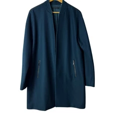 Elie Tahari XL Wool Coat Teal Blue Minimalist Longline Zip Details Hook Closure