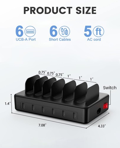 50W 6 Ports Multi Charger Station with 6 Charging Cables, USB Charging Dock f... - Zdjęcie 7 z 7