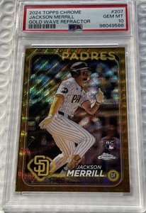 2024 TOPPS CHROME #207 JACKSON MERRILL GOLD WAVE REFRACTOR RC /50 PSA 10 Rookie