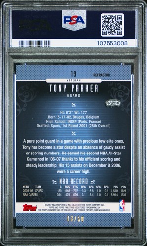 2006 Finest #19 Tony Parker /50 GOLD REFRACTOR PSA 9 - Picture 2 of 2