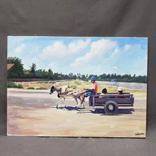 Caribbean Folk Art Acrylic Painting Donkey Cart Rural Scene Colorful Boho Decor