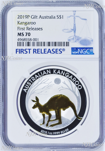 2019 P Australia GILDED Silver Kangaroo NGC MS70 1oz Coin w/OGP gilt FR BL LABEL - Picture 1 of 7