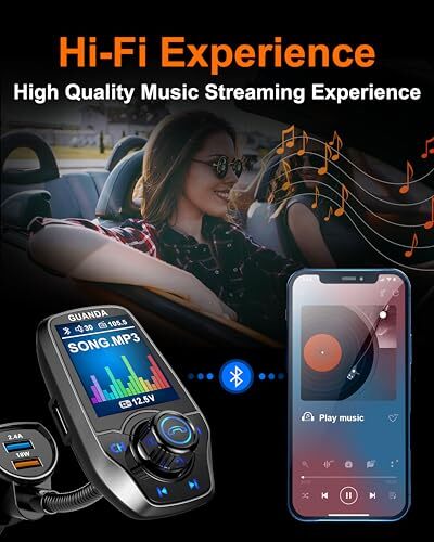 Aufgerüsteter Bluetooth FM Transmitter für Auto, Schnellladung 18W + 2,4A/5V Zinn - Bild 3 von 7