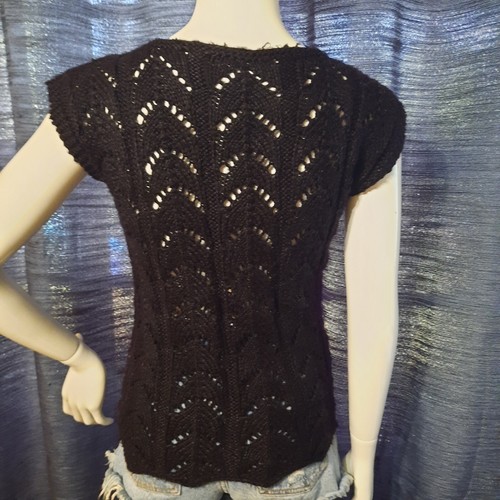 Handmade Black Crochet Short Sleeve Pullover Shirt S/M Small/Medium Hippy Boho - Picture 4 of 7