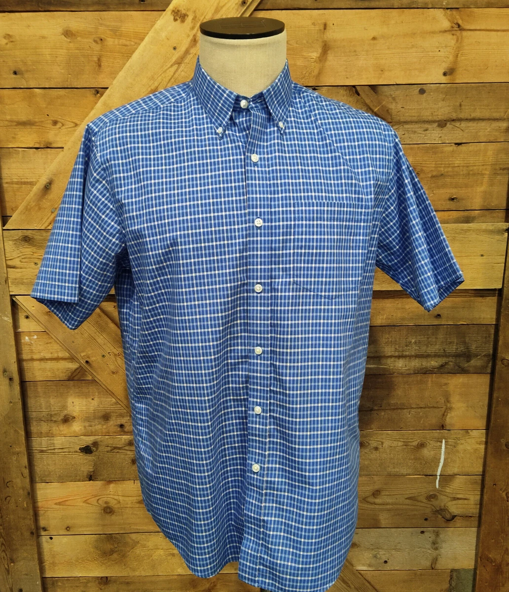 LL BEAN 275580 Wrinkle Resistant Blue Check Short Sleeve Shirt