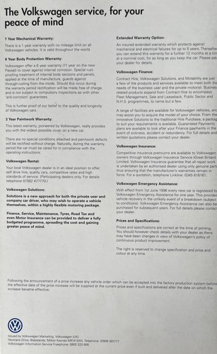 Volkswagen VW UK Price List Brochure 1996 Polo Passat Golf VR6 GTi Anniversary - Picture 2 of 3