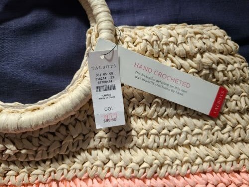 Talbots Hand Crochet Hand Bag Tan Pink Cranberry New with Tags Value $89.50 - Picture 2 of 5