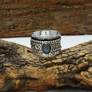 925 Sterling Silver Band & Labradorite Gemstone Spinner Ring Handmade All size