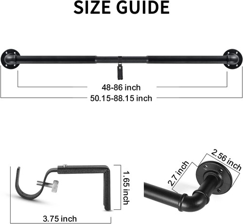 Paquete de 2 postes de cortina industriales de metal negros para ventanas 122 cm-218 cm - Imagen 2 de 6