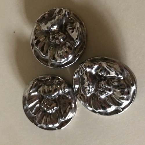 Antique #3 LARGE Textured Glass Floral Shank Buttons Silvertone Metallic Coat  - Picture 9 of 12