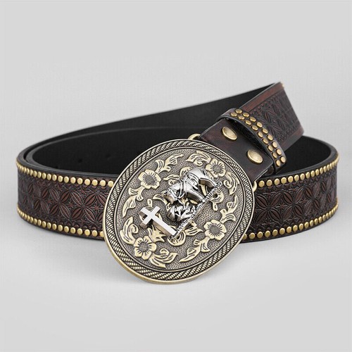 New Pu Leather Mens Western Cowboy Belt Vintage Waist Belt Buckle Belt Mens - Picture 4 of 20