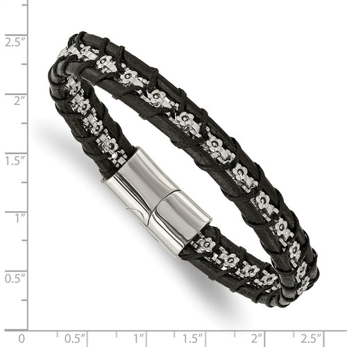 Stainless Steel Polished Flower Link Black Leather 8.25in Bracelet - Bild 3 von 3