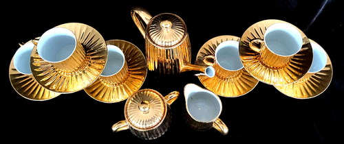 Vintage 50s/60s St Kilda Australia Fine China 6 Cups Gold Demitasse Coffee Set - Foto 2 di 12