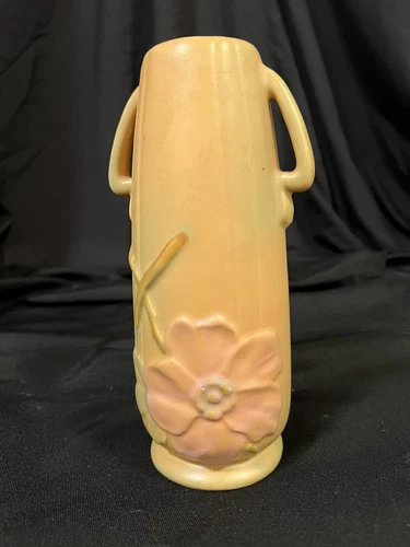 VTG WELLER POTTERY ART DECO PEACH PINK WILD ROSE FLORAL 8" VASE DOUBLE HANDLE