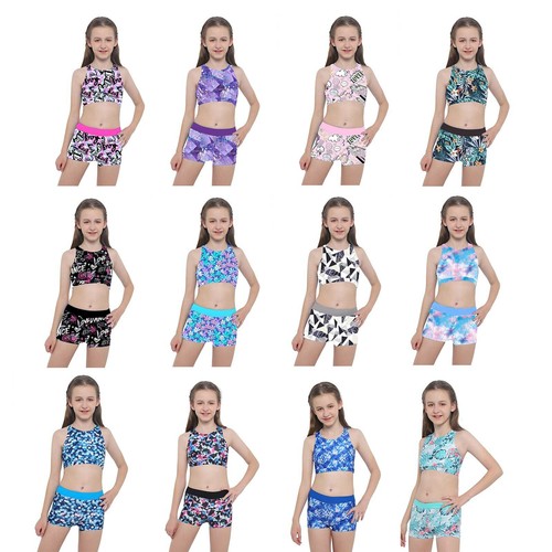 Kids Girls Two Pieces Swimsuits Sleeveless Crisscross Back Printed Top+Boyshorts