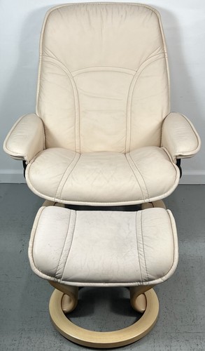 Ekornes Stressless Large Cream Leather Governor Swivel Recliner Chair & Ottoman - Picture 2 of 18