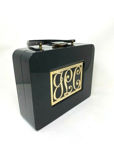 1950s RARE Lucite Box Purse Gold Initialed Black Vintage  -  GOOD