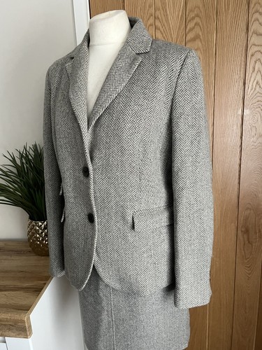 Traje Falda Rompecabezas, Chaqueta y Falda Gris Espiga Tweed Mezcla Lana Talla 12/14 - Imagen 6 de 14