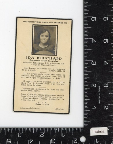 Antik Quebec Tod Beerdigung Foto Heilige Karte Katholisches Gebet Ida Bouchard - Bild 2 von 3