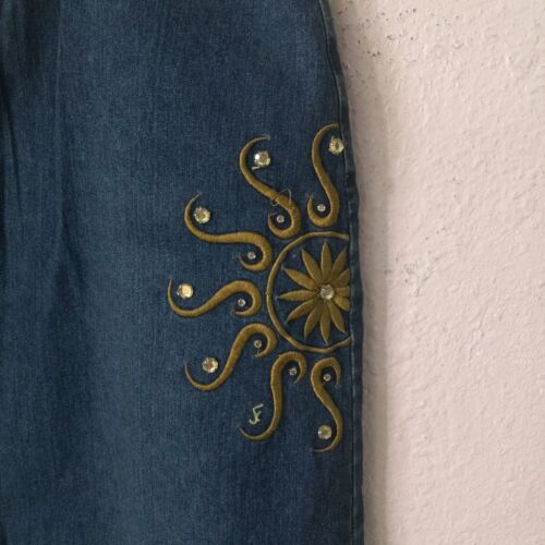 Angfu Women Denim Long Skirt A Line Sz L 30 x 34 Embroidered Midi Length 5427 - Picture 4 of 10