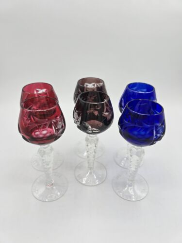 Vintage Cut To Clear Cordial 6 Piece Stemware Set Bohemian Cranberry Blue Brown