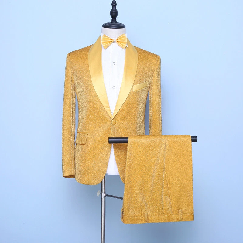 Traje de actuación amarillo cantante anfitrión vestido hombre adulto traje 2 piezas abrigo + pantalones Foto 2 de 4