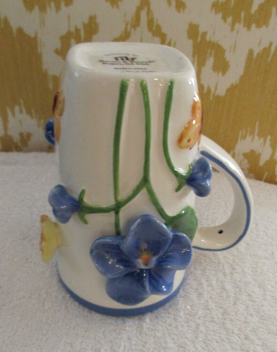 Burton + Burton 3D Floral Blue Yellow White & Green Coffee Mug 5" Tall 12 Oz - Picture 7 of 8