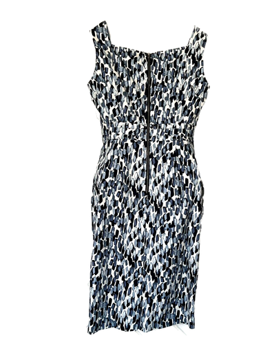Nuevo Vestido Adrianna Papell Sin Mangas Para Mujer 4 Bolsillos Estampado Geométrico Blanco Azul Marino - Imagen 4 de 11