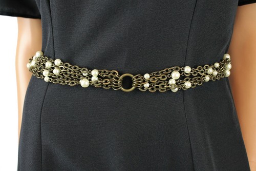 5 Tier Chain Belt 37-41" Sz L Retro Bronze Brass Tone Metal White Pearl Beads - Foto 1 di 7