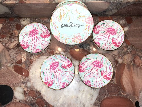 NWT Lilly Pulitzer Ceramic Gold Rim Coasters Jelly Fish Jellies Be Jammin Set 4 - Picture 9 of 12