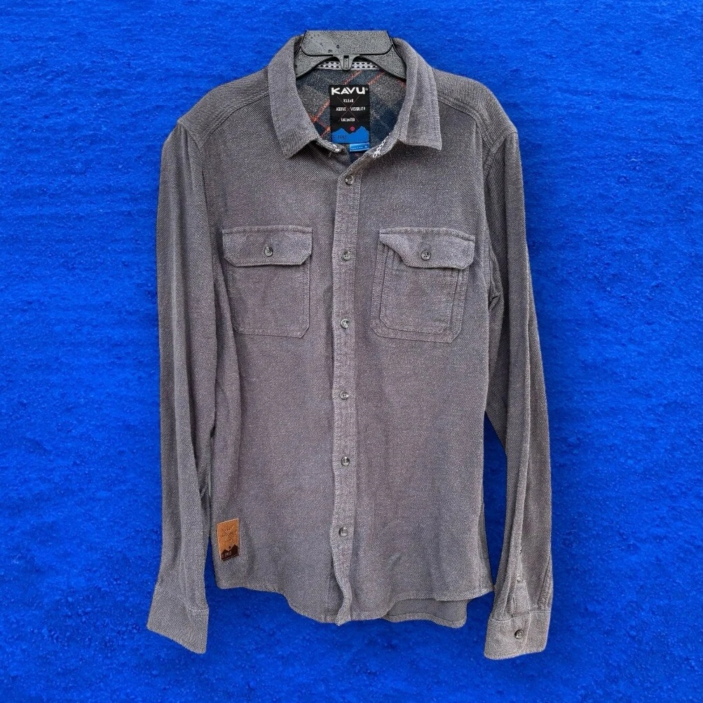 KAVU Klear Charcoal Gray Long Sleeve Shirt Flannel Sz M Plaid Cuffs