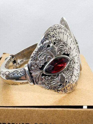 Brighton Rouge Lace Bracelet Silver Plate Open Cuff Hinged Red Navette Crystals - Picture 5 of 9